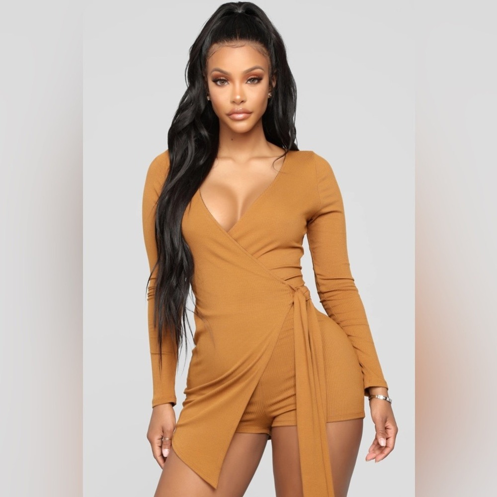 NWT Fashion Nova Fix It Up Ribbed Romper Solid Brown Baddie Wrap Front Size 1X